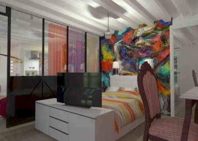 Rénovation deux pièces à Puteaux - Chambre à la tête de lit multicolore, par Béatrice Elisabeth, Décoratrice UFDI à Neuilly et Paris