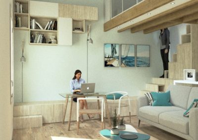 Décoration Appartement à Suresnes - Simulation 3D - Rez de chaussée - le bureau et son banc escalier, par Béatrice Elisabeth, Décoratrice UFDI à Neuilly et Paris