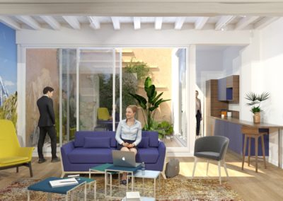 Espace de Formation Paris 12 - Simulation 3D du grand salon de travail avec vue sur le patio, par Béatrice Elisabeth, Décoratrice UFDI à Neuilly et Paris