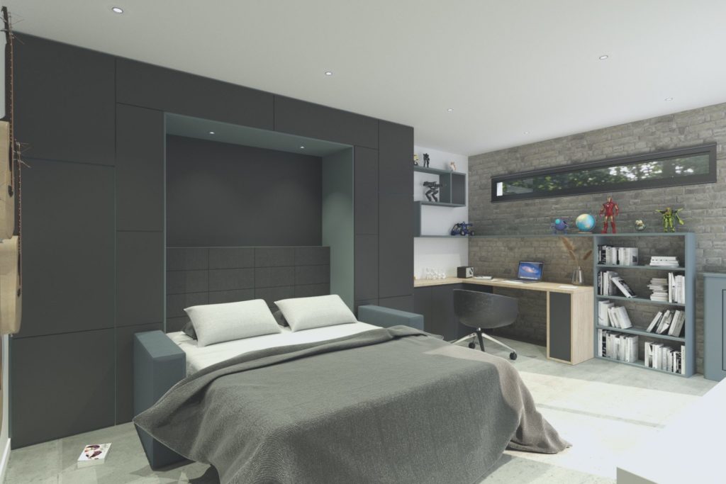 Simulation 3D projet studio à Boulogne - vue du canapé-lit ouvert avec le bureau, par Béatrice Elisabeth, Décoratrice UFDI à Neuilly et Paris