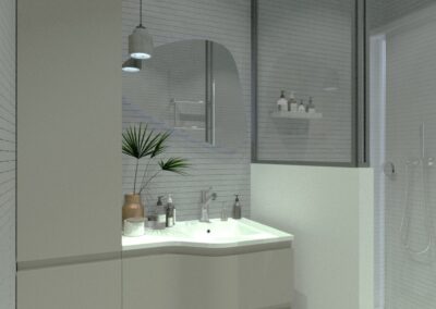 Rénovation d'un appartement à Courbevoie - Simulation 3D - La salle de bain version muret de douche, par Béatrice Elisabeth, Décoratrice UFDI à Neuilly et Paris