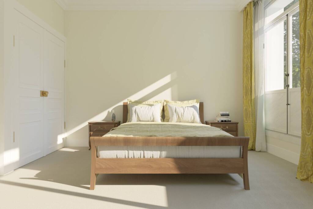 Projet d'un hôtel particulier à Neuilly sur Seine - Une chambre au lit en bois naturel, par Béatrice Elisabeth, Décoratrice UFDI à Neuilly et Paris
