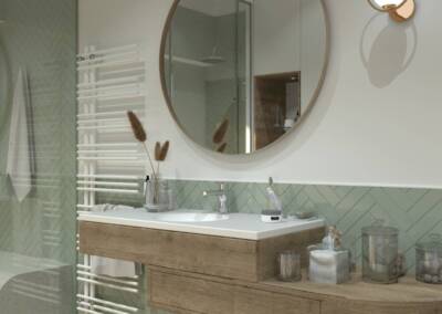Conception d'une salle de bain en Allemagne - Le plan vasque tout en longueur avec un grand miroir rond, par Béatrice Elisabeth, Architecte d'intérieur à Neuilly sur Seine 92