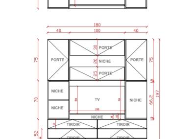 Conception d'un meuble TV sur mesure - Plan 2D et dimensions, par Béatrice Elisabeth, Architecte d'intérieur UFDI à Neuilly et Paris